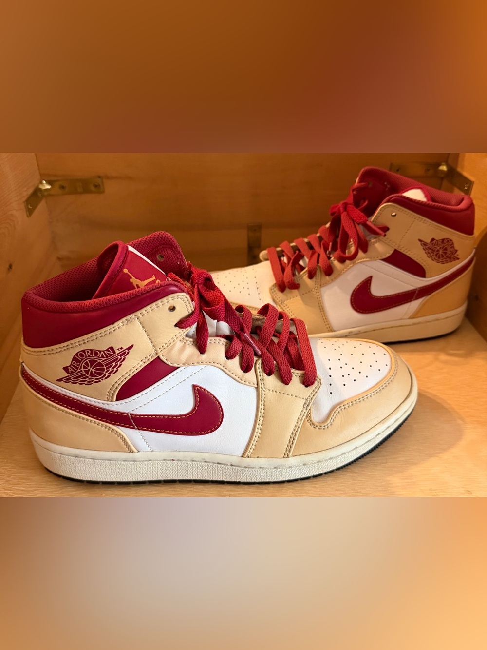 Jordan High-Top Sneakers in Cream, White & Red